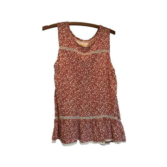Maeve Quinn Top Red & White Floral Crochet Trim Ruffled Hem Layer Openback XS - Picture 3 of 14